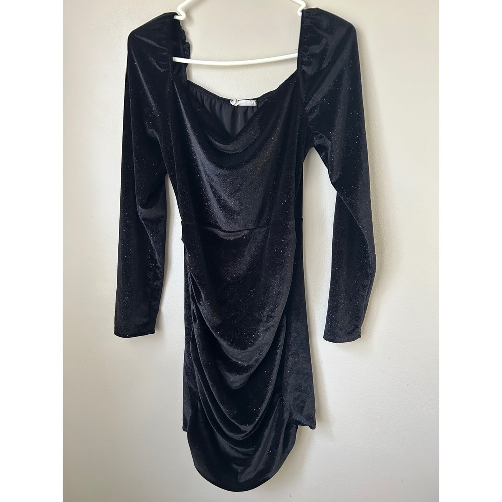 Altar'd State Black Velvet Sparkle Ruched Bodycon Mini Dress Holiday Glam Party